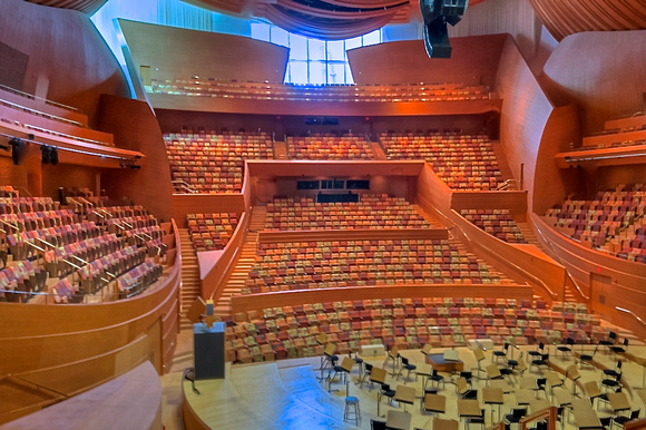 View of the 'house' of 2,000 seats from the organ level.  Acoustics are fixed, except for drapes, just for the best sound of the organ.