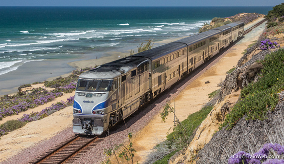 Near the Hwy. 101 bridge over the tracks, I climbed above and awaited a northbound Pacific Surfliner.