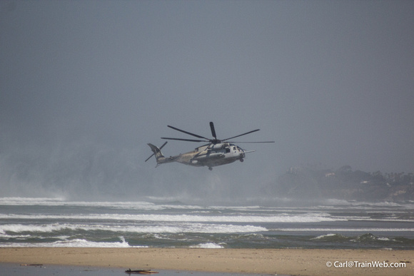 The next day, during a late beach walk, a Super Stallion Marine helicopter made an emergency landing on Solana Beach ahead ov me.