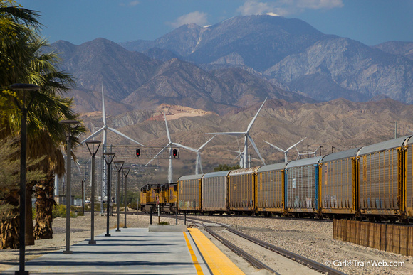 Looking westward, San Gorgonio in the distance and windmills near the tracks.