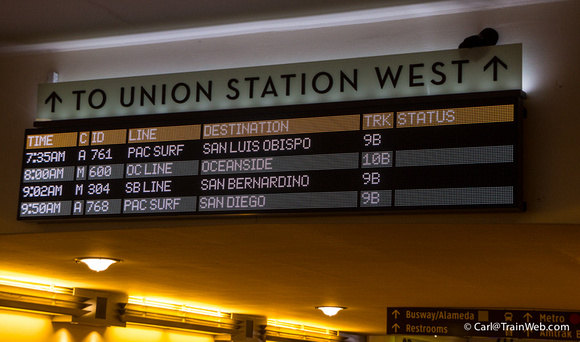 New departure signs at Los Angeles Union Station with our 761 at the top.