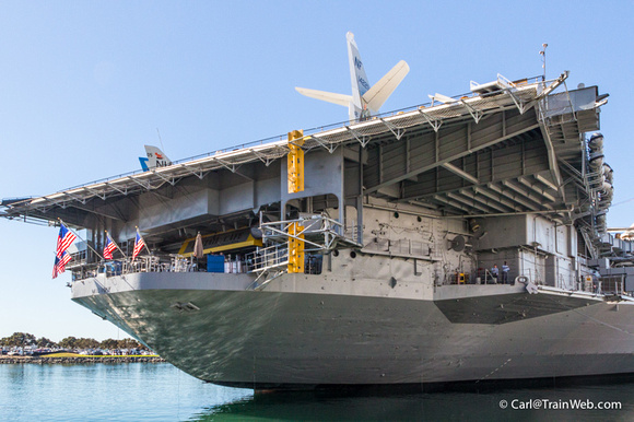 Back of the huge Midway aircraft carrier permanently docked in San Diego.