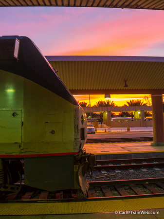 Amtrak Genesis and sunrise at Los Angeles Union Station
