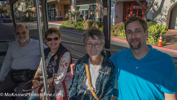 Heading back downtown on the electric trolley ($.50 or $.25 for Seniors).  (l. ro r.) Don, Carol, Kathy, Matthew.