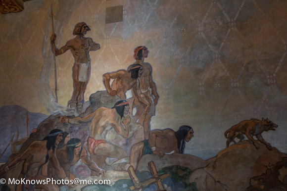 Native Americans watching Cabrillo land.  Square is the original color of the smoke-stained murals before cleaning.