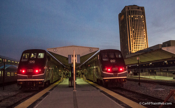 Metrolink Cab cars await work at sunrise 1/19/2015 at Los Angeles Union Station.