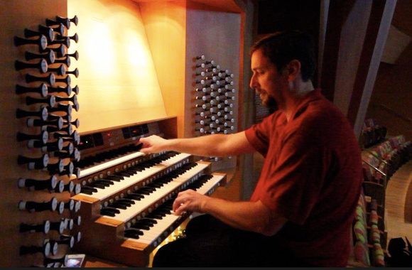 Matthew at the Disney Concert Organ tracker keyboard